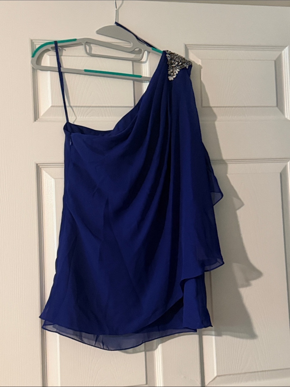 JS Collections Royal Blue One-Shoulder Blouse with Embellished Shoulder